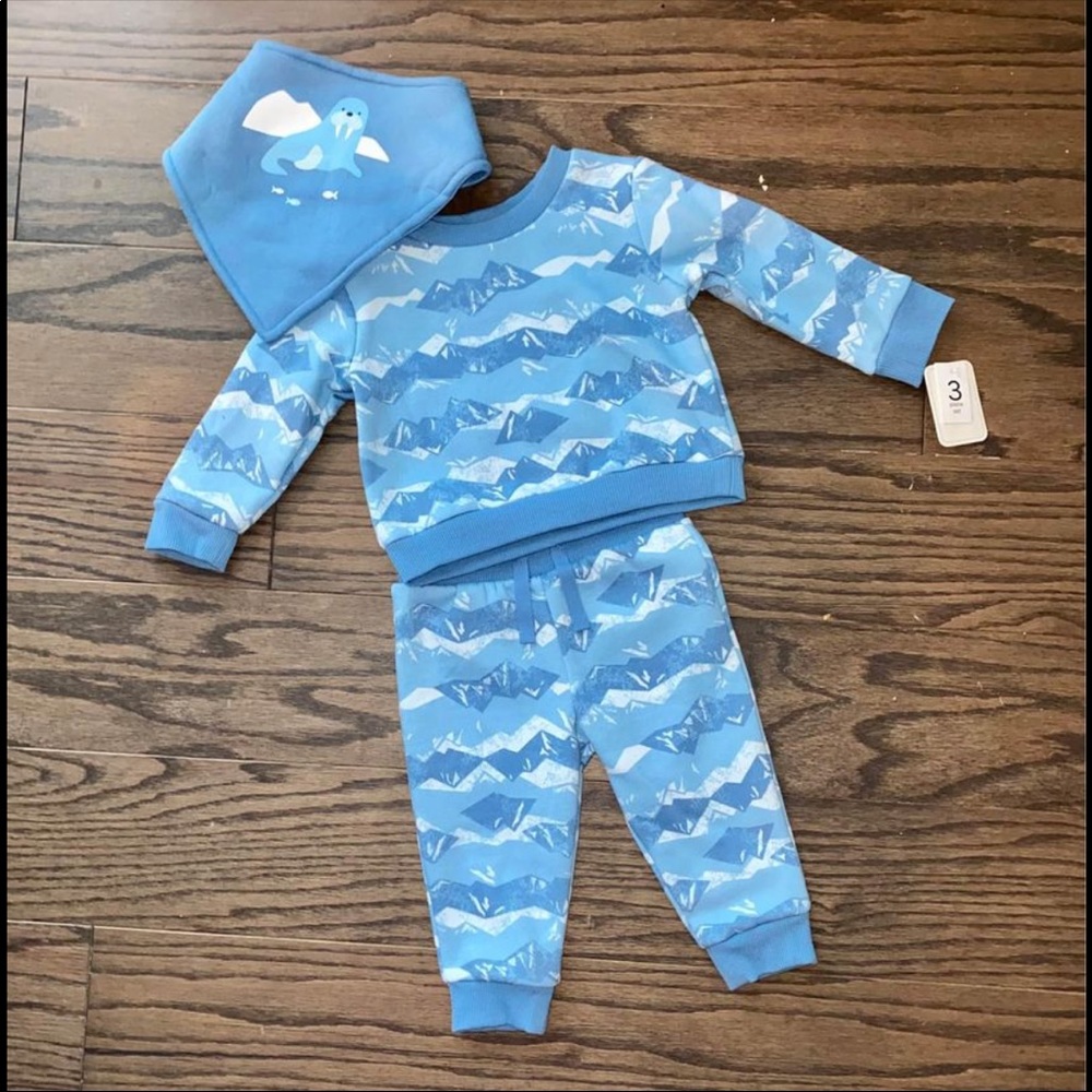 NEW 3-6 months 3 piece set sweatshirt sweatpants  bib blue walrus baby boy